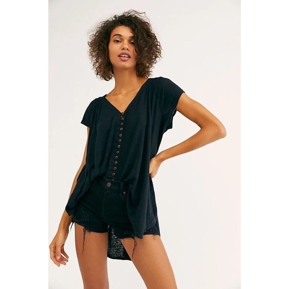 Free People Women’s Highland Linen Tunic Top Sz Large Button Up Hi-Low Black - Picture 1 of 16